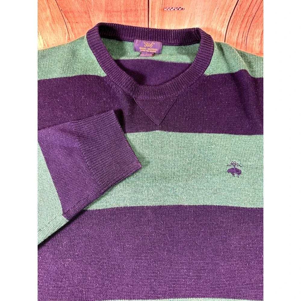 Brooks Brothers 346 Men Sweater LARGE Merino Wool Blue Green Stripe Crew Neck
